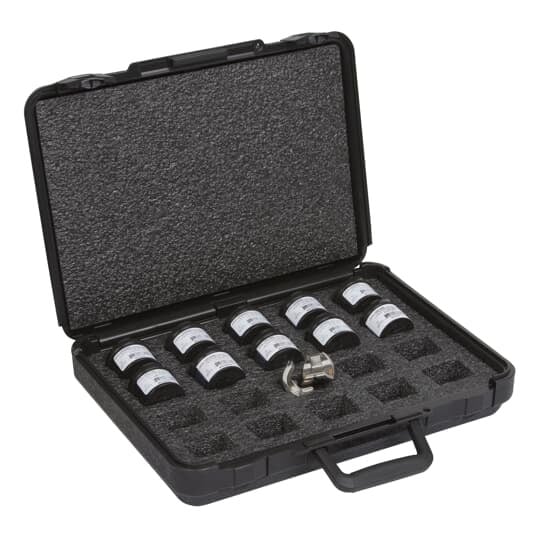 14 Ton Stainless Steel Hex Die Kit (#6 to 750 kcmil)  for TBM12P, TBM14, and TBM15 Series Hydraulic Tools - Dies Include 24 (Blue), 33 (Brown), 42 (Pink), 45 (Black/Gold), 50 (Orange/Tan), 54 (Purple/Olive), 62 (Yellow), 71 (Red), 87H (Brown), 106H (Black) in Plastic Case.