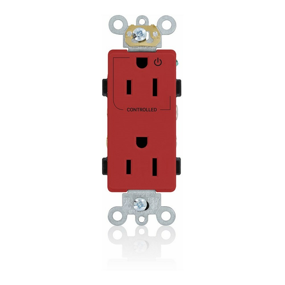 15 Amp. 125 Volt. NEMA 5-15R. 2P/3W. Decora Plus Duplex Receptacle. Straight Blade. Commercial Grade. Hot Terminal Split w/1 Plug Controlled. Self Grounding. Back And Side Wired. Contractor Pack - Red