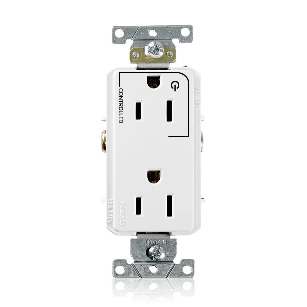 15 Amp. 125 Volt. NEMA 5-15R. 2P/3W. Decora Plus Duplex Receptacle. Straight Blade. Commercial Grade. Hot Terminal Split w/1 Plug Controlled. Self Grounding. Back And Side Wired. Contractor Pack - White