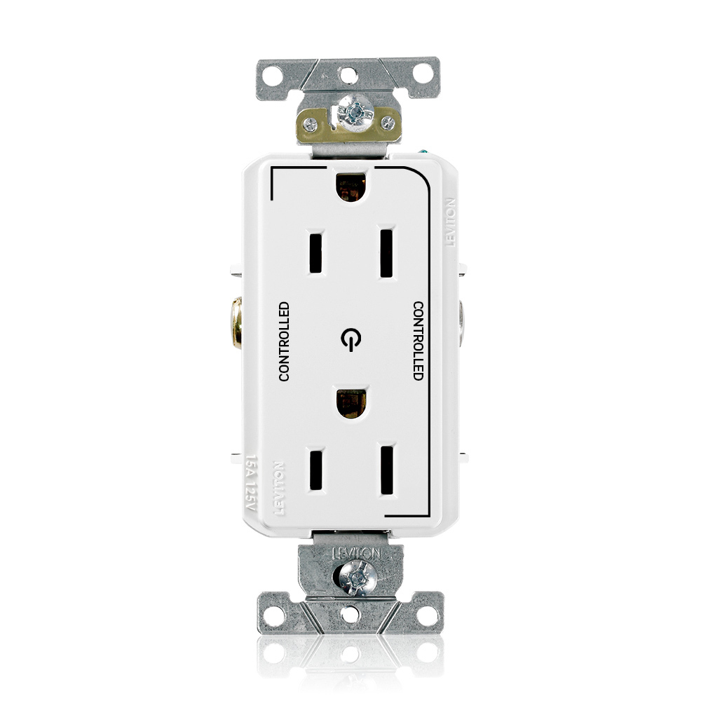 15 Amp. 125 Volt. NEMA 5-15R. 2P/3W. Decora Plus Duplex Receptacle. Straight Blade. Commercial Grade. 2 Plug Controlled Markings. Self Grounding. Back And Side Wired. Contractor Pack - White