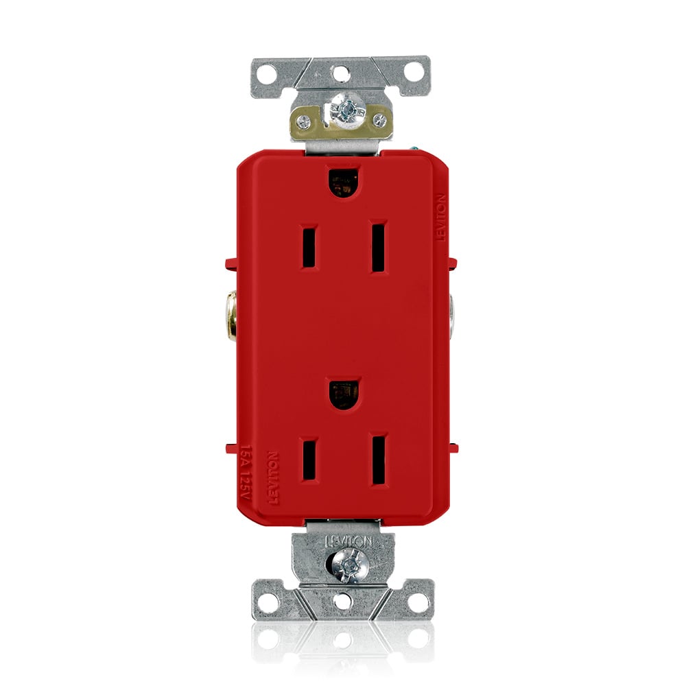 15A 125V NEMA 5-15R 2P 3W Decora Plus. Duplex Receptacle. Straight Blade. Commercial Grade. Self Grounding. Back and Side Wired. Steel Strap - Red