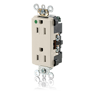 15 Amp, 125 Volt, NEMA 5-15R, 2P, 3W, Decora Plus Duplex Receptacle, Straight Blade, Hospital Grade, Self Grounding, Tamper Resistant, Back & Side Wired, Steel Strap - LIGHT ALMOND