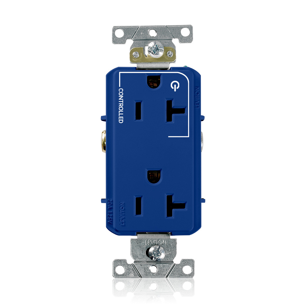 20 Amp. 125 Volt. NEMA 5-20R. 2P/3W. Decora Plus Duplex Receptacle. Straight Blade. Commercial Grade. Hot Terminal Split w/1 Plug Controlled. Self Grounding. Back And Side Wired. Contractor Pack - Blue