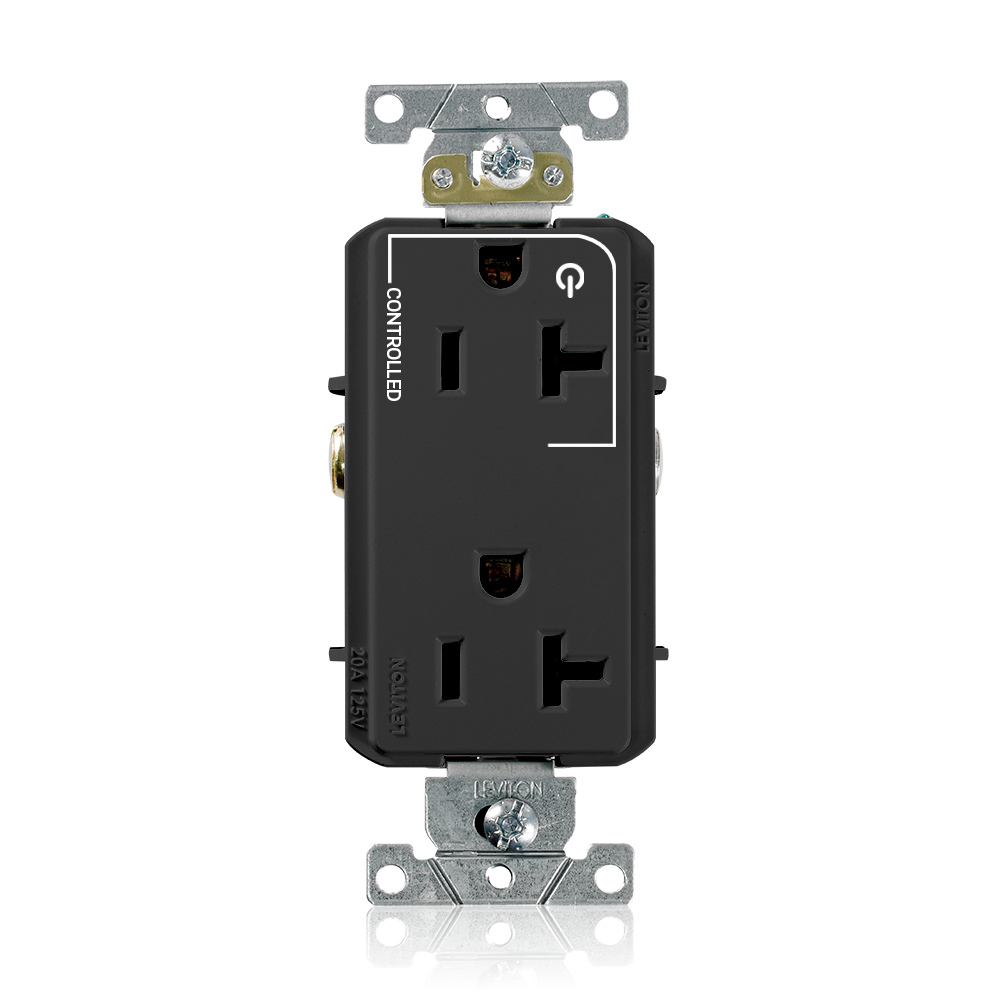 20 Amp. 125 Volt. NEMA 5-20R. 2P/3W. Decora Plus Duplex Receptacle. Straight Blade. Commercial Grade. Hot Terminal Split w/1 Plug Controlled. Self Grounding. Back And Side Wired. Contractor Pack - Black
