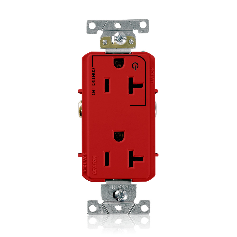 20 Amp. 125 Volt. NEMA 5-20R. 2P/3W. Decora Plus Duplex Receptacle. Straight Blade. Commercial Grade. Hot Terminal Split w/1 Plug Controlled. Self Grounding. Back And Side Wired. Contractor Pack - Red