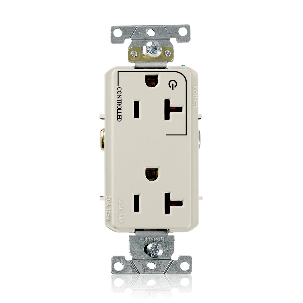 20 Amp. 125 Volt. NEMA 5-20R. 2P/3W. Decora Plus Duplex Receptacle. Straight Blade. Commercial Grade. Hot Terminal Split w/1 Plug Controlled. Self Grounding. Back And Side Wired. Contractor Pack - Lightt Almond