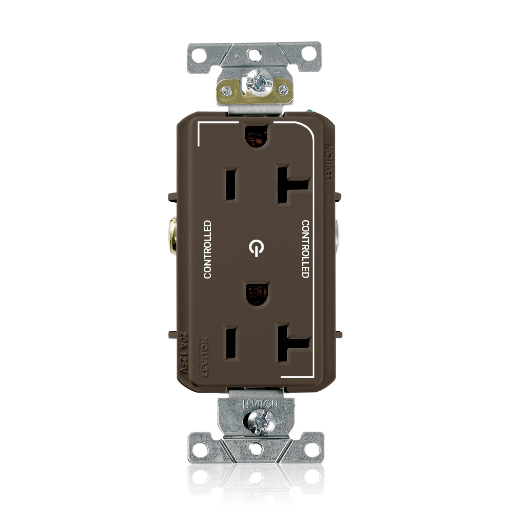 20 Amp. 125 Volt. NEMA 5-20R. 2P/3W. Decora Plus Duplex Receptacle. Straight Blade. Commercial Grade. 2 Plug Controlled Markings. Self Grounding. Back And Side Wired. Contractor Pack - Brown