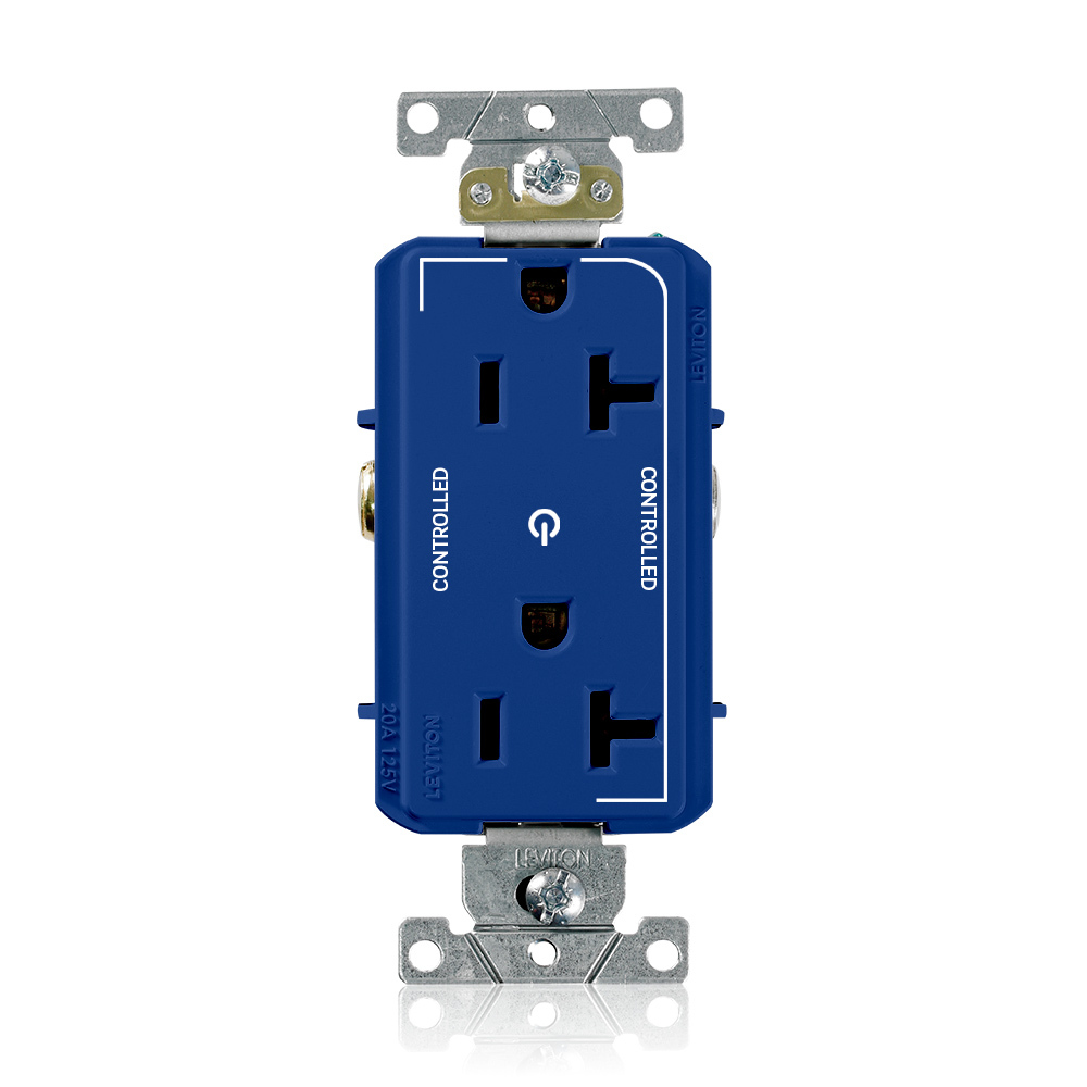 20 Amp. 125 Volt. NEMA 5-20R. 2P/3W. Decora Plus Duplex Receptacle. Straight Blade. Commercial Grade. 2 Plug Controlled Markings. Self Grounding. Back And Side Wired. Contractor Pack - Blue