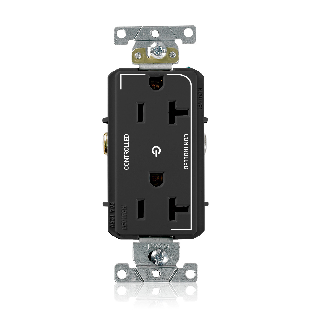 20 Amp. 125 Volt. NEMA 5-20R. 2P/3W. Decora Plus Duplex Receptacle. Straight Blade. Commercial Grade. 2 Plug Controlled Markings. Self Grounding. Back And Side Wired. Contractor Pack - Black