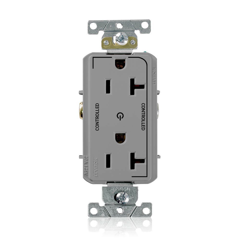 20 Amp. 125 Volt. NEMA 5-20R. 2P/3W. Decora Plus Duplex Receptacle. Straight Blade. Commercial Grade. 2 Plug Controlled Markings. Self Grounding. Back And Side Wired. Contractor Pack - Gray