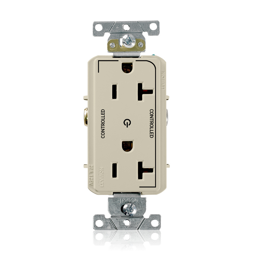 20 Amp. 125 Volt. NEMA 5-20R. 2P/3W. Decora Plus Duplex Receptacle. Straight Blade. Commercial Grade. 2 Plug Controlled Markings. Self Grounding. Back And Side Wired. Contractor Pack - Ivory