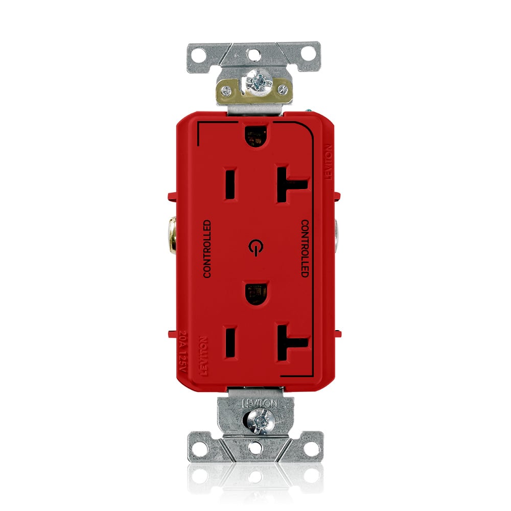20 Amp. 125 Volt. NEMA 5-20R. 2P/3W. Decora Plus Duplex Receptacle. Straight Blade. Commercial Grade. 2 Plug Controlled Markings. Self Grounding. Back And Side Wired. Contractor Pack - Red