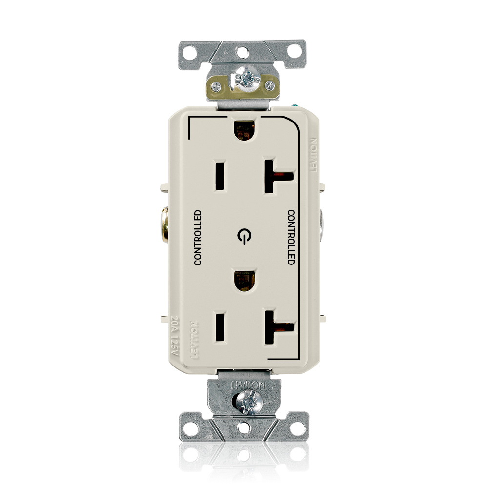 20 Amp. 125 Volt. NEMA 5-20R. 2P/3W. Decora Plus Duplex Receptacle. Straight Blade. Commercial Grade. 2 Plug Controlled Markings. Self Grounding. Back And Side Wired. Contractor Pack - Light Almond