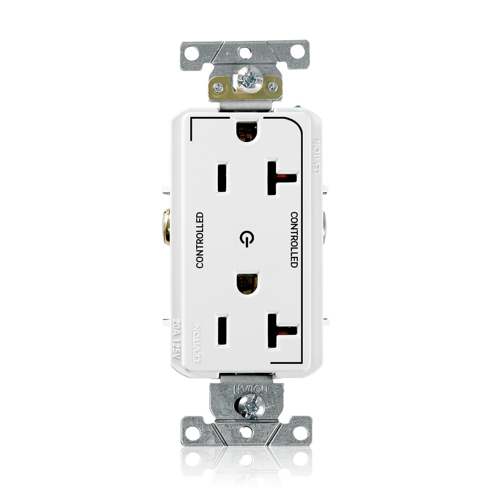 20 Amp. 125 Volt. NEMA 5-20R. 2P/3W. Decora Plus Duplex Receptacle. Straight Blade. Commercial Grade. 2 Plug Controlled Markings. Self Grounding. Back And Side Wired. Contractor Pack - White