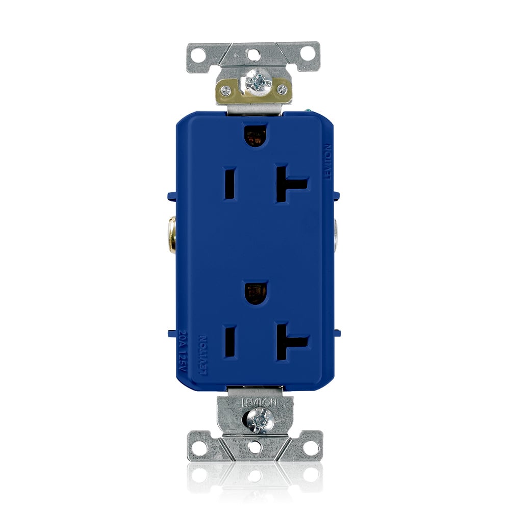 20 Amp, 125 Volt, NEMA 5-20R, 2P, 3W, Decora Plus Duplex Receptacle, Straight Blade, Commercial Grade, Self Grounding, Back & Side Wired, Steel Strap - BLUE