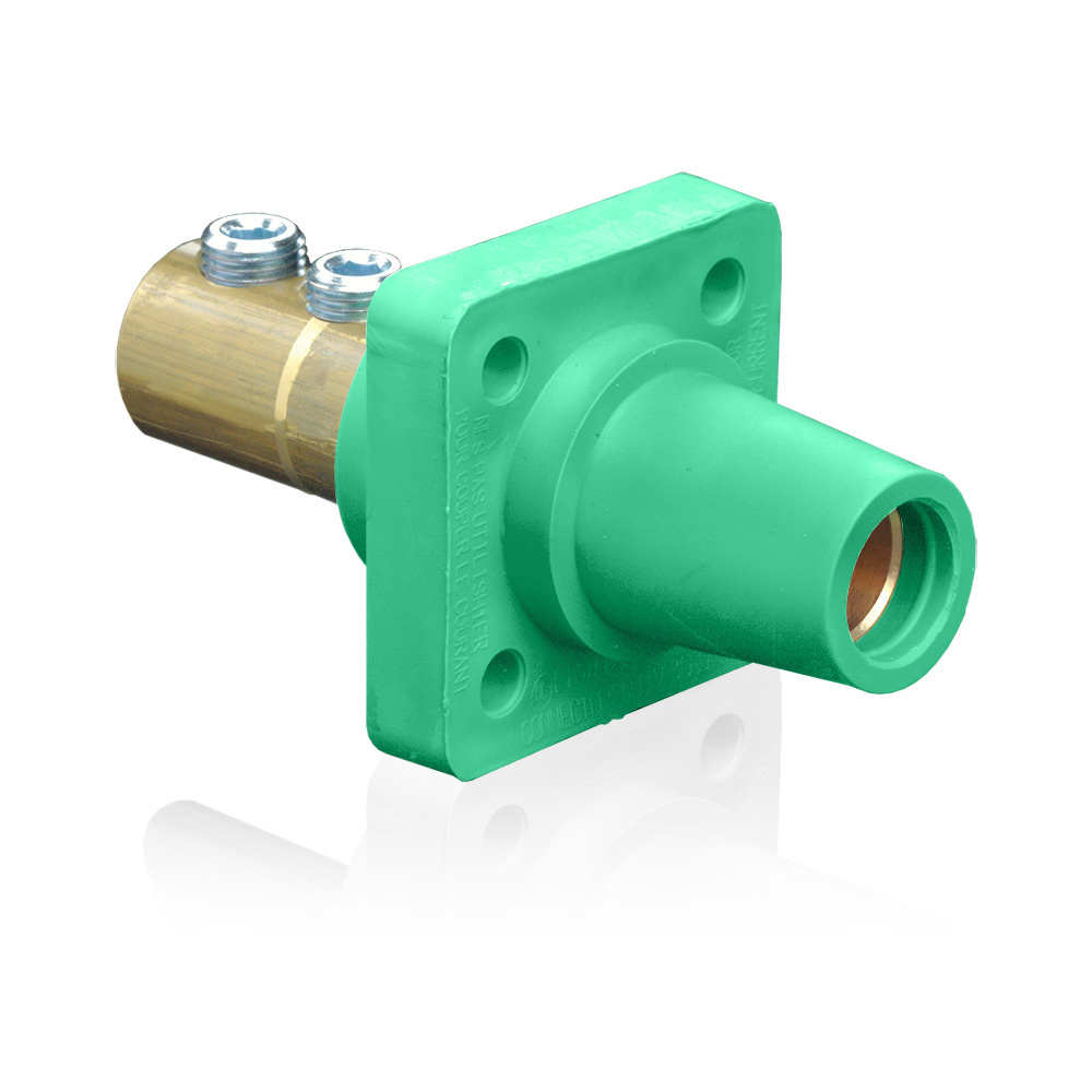 16 Series Single Pole Cam Type Female Panel Receptacle. Taper Nose, Double Set Screw, 600 Volts, Rated Up To 400 Amperes Continuous. Cable Range -1/0 - 4/0 - Green