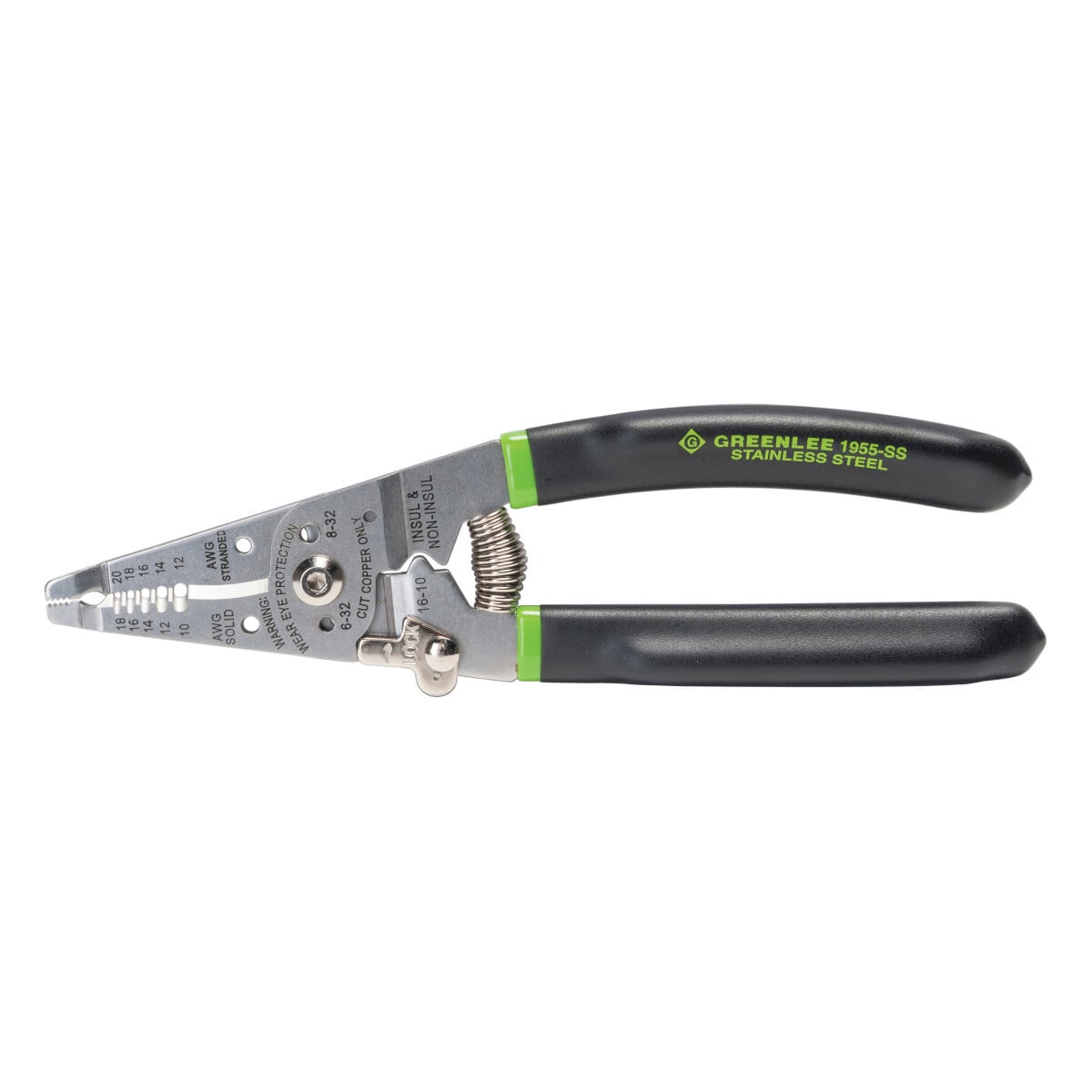 High grade stainless steel lasts 5X longer.     Precision ground stripping holes offer easy, consistent jacket removal.     Strips 10-18 AWG Solid and12-20 AWG Stranded conductors.     Cleanly shears 6-32 and 8-32 bolts.     Crimps 16-10 insulated and non-insulated terminals.     Multiple functions include plier nose, strippers, cutter, looping holes, crimper, bolt re-thread/shear and spring back with low profile lock.     High Grade knives resist chipping and marring.     Looping holes and serrated nose for bending, pulling and shaping wires.     Long-life spring and low-profile lock for quick, repetitive stripping and cutting.     Vinyl cushion grip resists slipping and has an ergonomic fit.