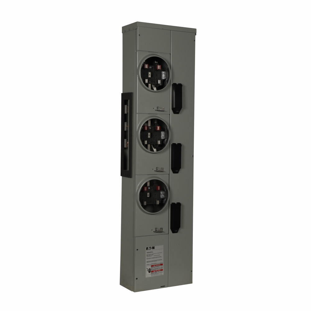 Eaton residential meter stack, Amperage rating: 200A, Bus rating: 800A, Outdoor, Interrupt rating depends on selected main circuit breaker, Single-phase in/single-phase out, 3 Sockets, Aluminum, Ringless, 120/240 Vac