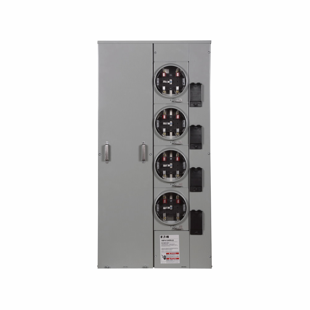 Eaton meter pack, Socket amperage: 125A, Amperage rating: 125A, Aluminum, Bus rating: 400A, No bypass, Indoor/outdoor, Up to 100 KAIC, Five-jaw, 4 Sockets, Single-phase in/single-phase out, Ringless, 120/240 Vac