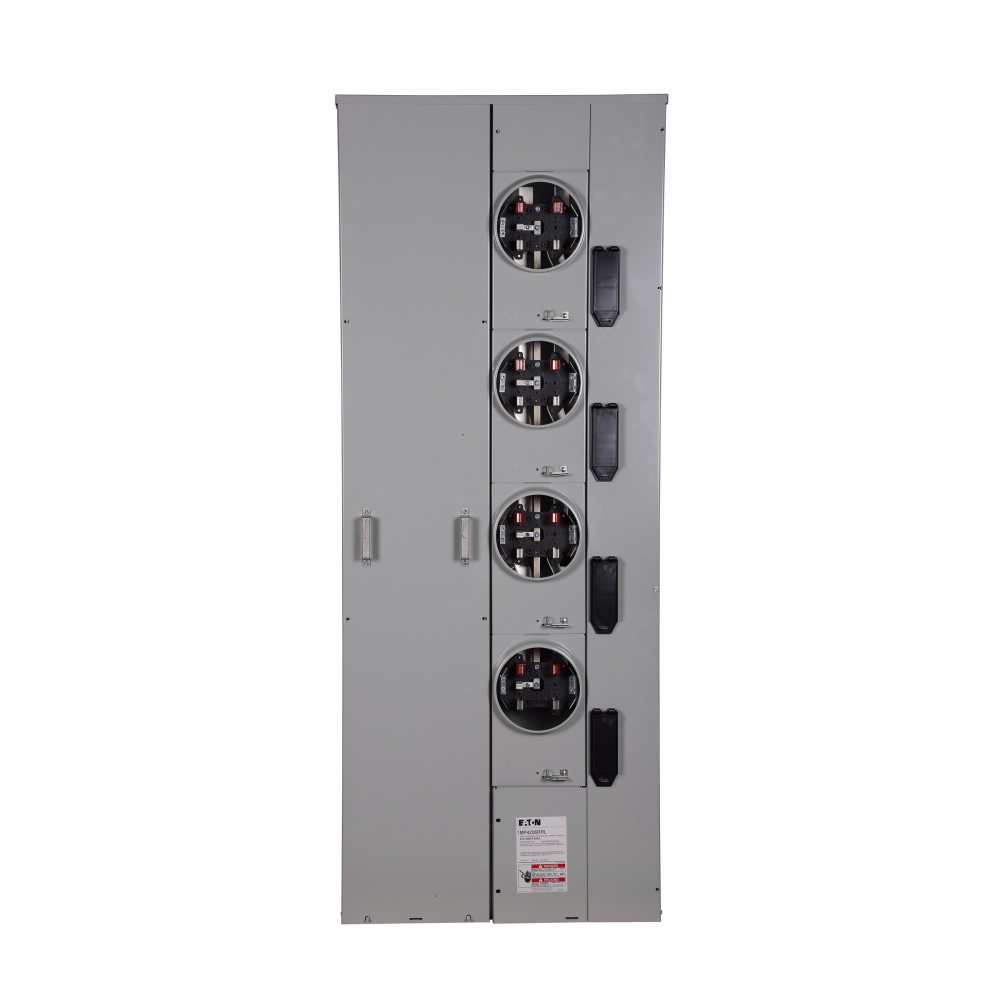 Eaton meter pack, Socket amperage: 200A, Amperage rating: 200A, Aluminum, Bus rating: 600A, No bypass, Indoor/outdoor, Up to 100 KAIC, Five-jaw, 4 Sockets, Single-phase in/single-phase out, Ringless, 120/240 Vac