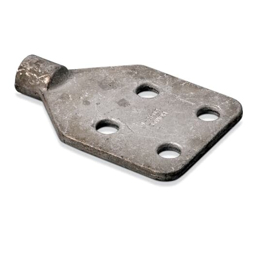 Tin Plated Bronze Threaded Transformer Spade, 1 inch Stud Tapped 1-14 UNS-2B to 4 Hole NEMA Pad, Bolt 1/2 inch,    Bolt Holes 9/16 inch,  3.5 inch wide x 4 inch x 1/4 inch thick Pad.