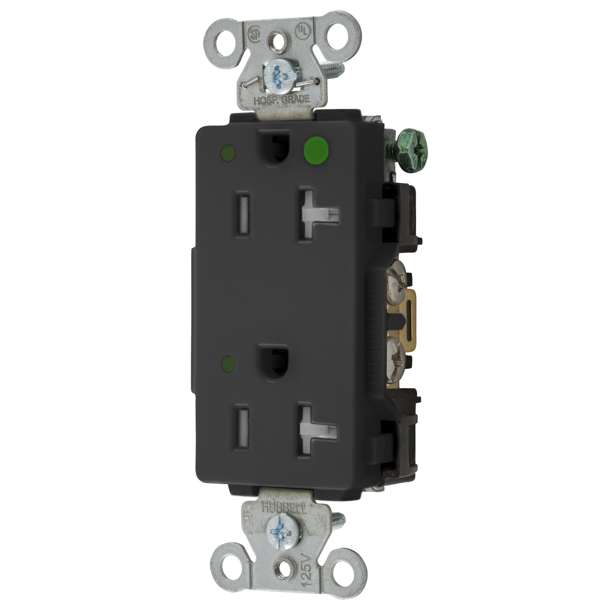 Straight Blade Devices, Tamper Resistant Decorator Duplex Receptacle, Hospital Grade, Hubbell-Pro, LED Indicator, 20A 125V, 2-Pole 3-Wire Grounding, 5-20R, Black
