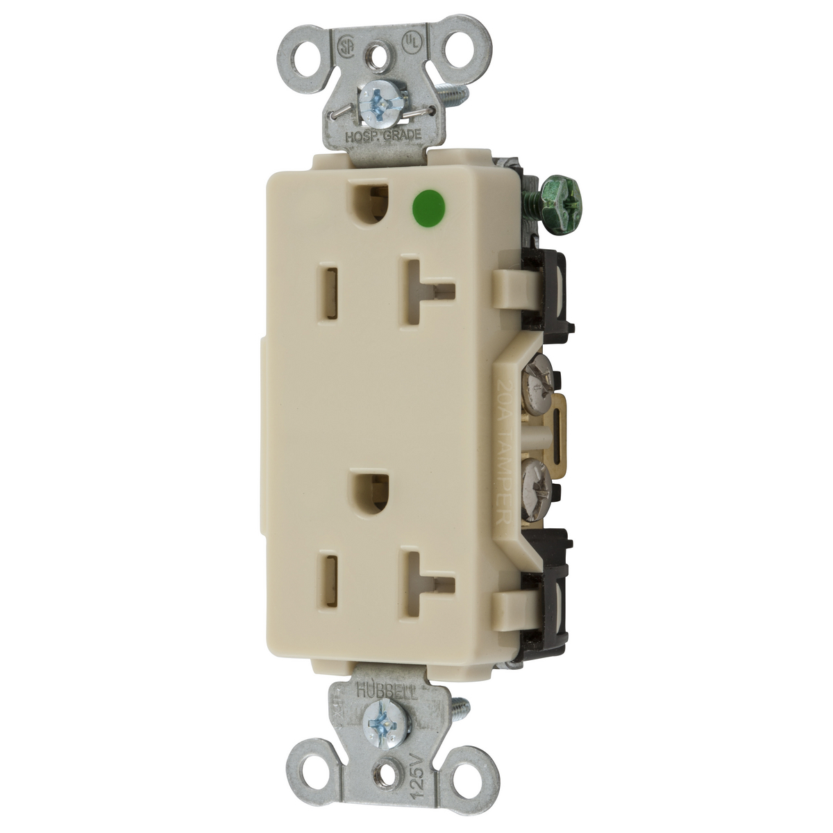Straight Blade Devices, Tamper Resistant Decorator Duplex Receptacle, Hospital Grade, Hubbell-Pro, 20A 125V, 2- Pole 3-Wire Grounding, 5-20R, Ivory