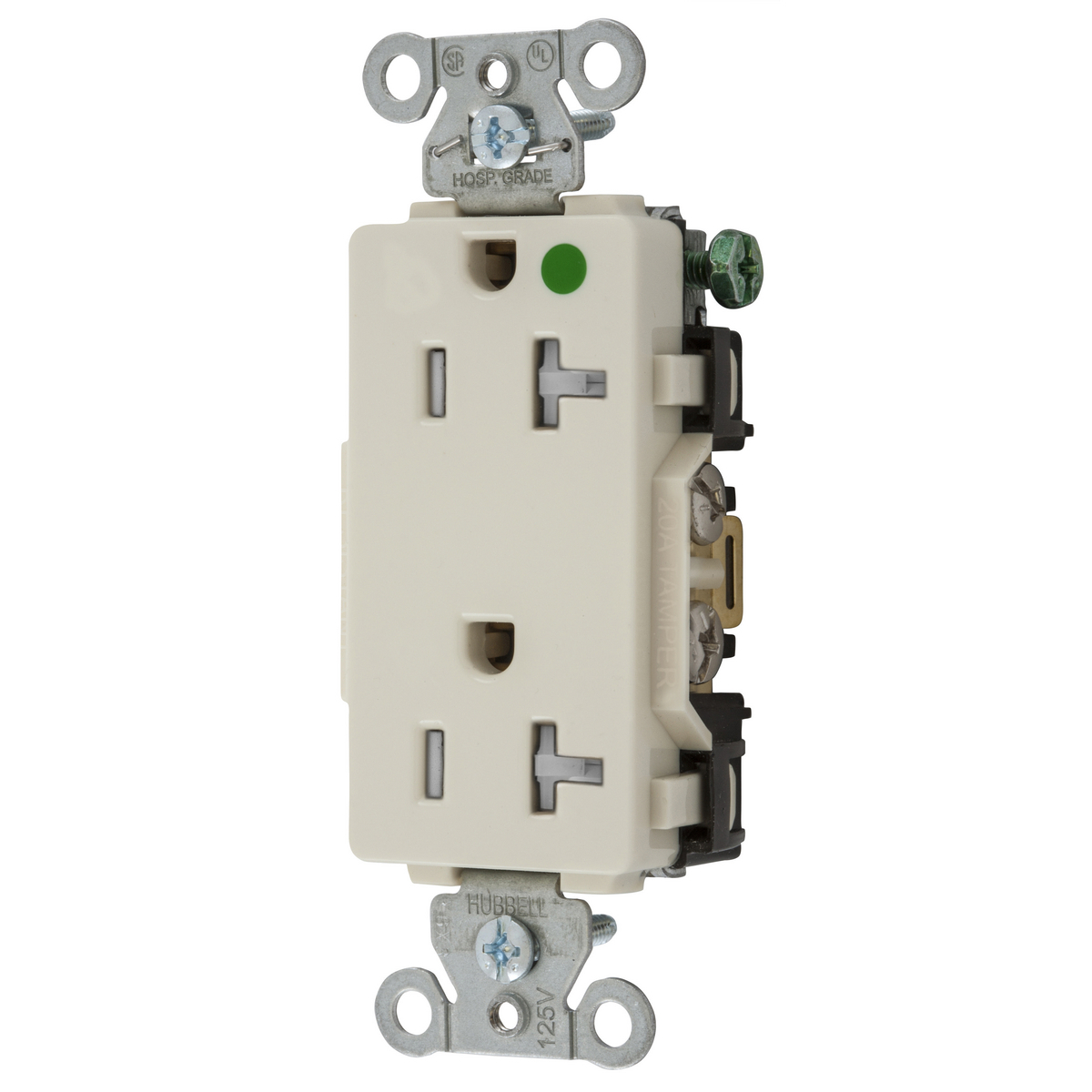 Straight Blade Devices, Tamper Resistant Decorator Duplex Receptacle, Hospital Grade, Hubbell-Pro, 20A 125V, 2- Pole 3-Wire Grounding, 5-20R, Light Almond