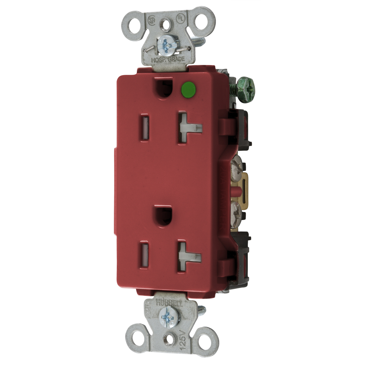 Straight Blade Devices, Tamper Resistant Decorator Duplex Receptacle, Hospital Grade, Hubbell-Pro, 20A 125V, 2- Pole 3-Wire Grounding, 5-20R, Red
