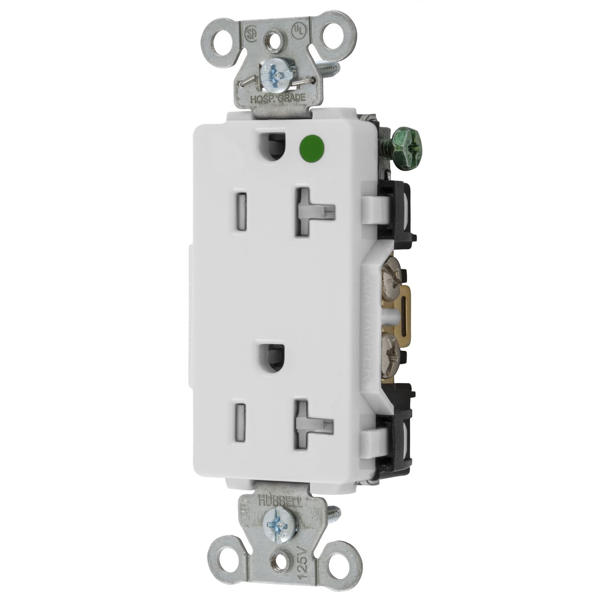 Straight Blade Devices, Tamper Resistant Decorator Duplex Receptacle, Hospital Grade, Hubbell-Pro, 20A 125V, 2- Pole 3-Wire Grounding, 5-20R, White