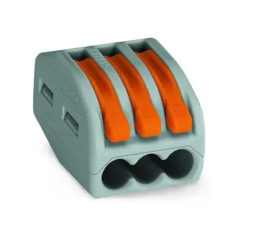 LEVER-NUTS® splicing connector; 3-conductor with operating levers; 28-12 AWG; gray housing; Bag of 2,500 pieces