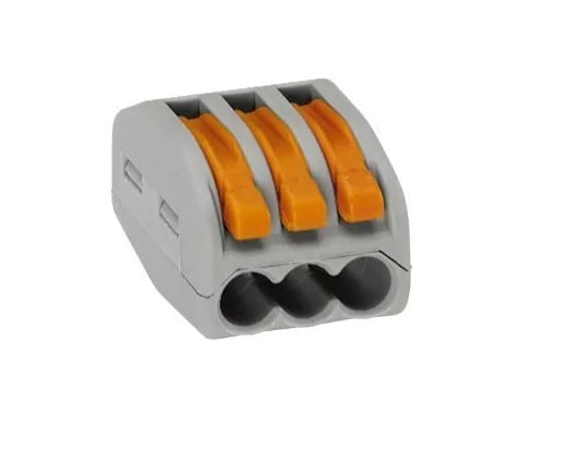 LEVER-NUTS® splicing connector; 3-conductor with operating levers; 28-12 AWG; gray housing; Box of 50 pieces