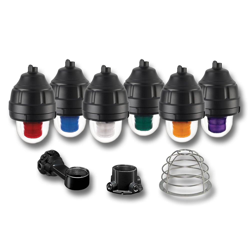 Explosion-Proof LED Warning Light, 24VAC/DC, Amber - Approved for mounting in any manner, including dome up. Available in 24VAC/DC and 120-240VAC. 50,000 hour LED. Six lamp/lens colors: Amber, Blue, Clear, Green, Magenta and Red. 3/4-inch NPT pendant, ceiling and wall mount options available. Flashing or steady-burn modes. Optional dome guard. Type 4X, IP66 enclosure. IP69K compliant. Marine Rated. UL and cUL Listed for Class I, Division 1, Groups C and D & Class I, Division 2, Groups A and B & Class II, Division 1, Groups E, F and G & Class III.