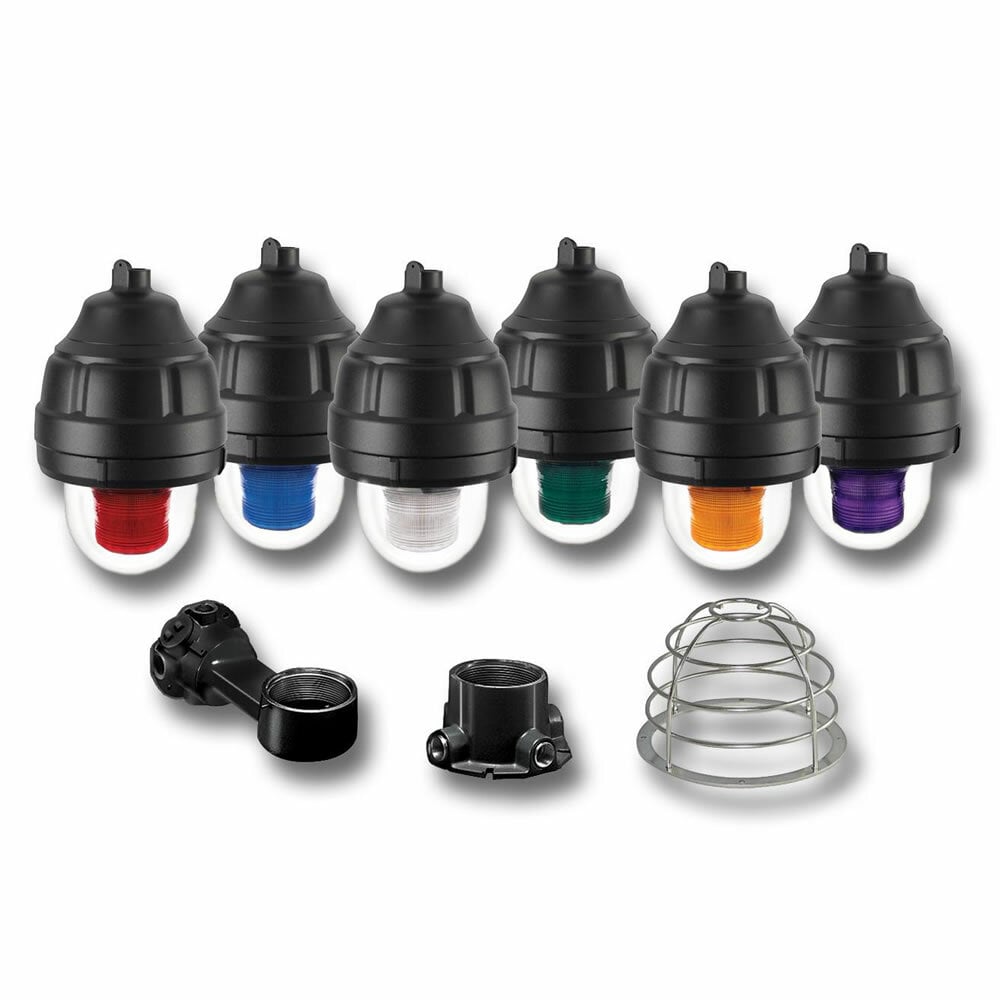 Explosion-Proof Strobe Light, Modular, In-Rush Limited, 120VAC, Amber - Approved for mounting in any manner, including dome up. Available in 24VDC, 120VAC and 240VAC. Six lamp/lens colors: Amber, Blue, Clear, Green, Magenta and Red. 10,000 hour strobe tube. 3/4-inch NPT pendant, ceiling and wall mount options available. Dome guard optional. Conformal coated PCB. Type 4X, IP66 enclosure. IP69K compliant. Marine Rated. CSFM Approved. UL and cUL Listed for Class I, Division 1 and 2, Groups C and D & Class I, Division 2, Groups A and B & Class II, Division 1, Groups E, F, and G & Class III.