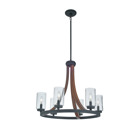 The Grand Bank(TM) 22.5in; 6 light chandelier in Auburn Stained Wood and Distressed Black Metal dual finish and clear seeded glass creates a bold statement, allowing the light to fully shine through. The Grand Bank chandelier works in rustic, lodge or country environments.