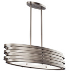 The Roswell(TM) 7.75 inch, 3 light oval chandelier features a contemporary look with its circular stacked bands in Brushed Nickel finish and satin etched diffuser and off white linen shade. The Roswell chandelier works in several aesthetic environments, including transitional and modern.