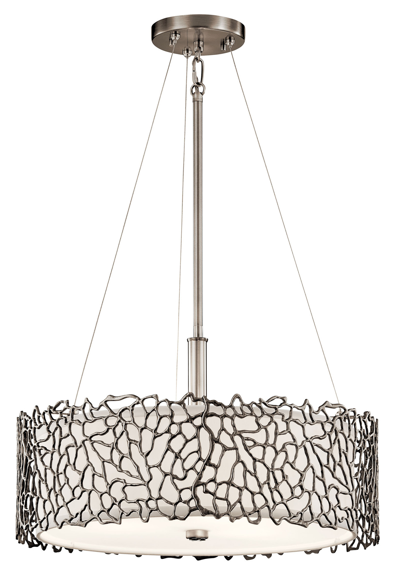 The Silver Coral 11in; 3 light convertible pendant features a modern look with its Classic Pewter finish and etched diffuser and white fabric shade. The Silver Coral pendant was inspired by natural coral and works in modern and transitional environments.