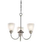 Enjoy the splendor of this Brushed Nickel 3 light mini chandelier from the refreshing Jolie Collection.  The clean lines are beautifully accented by satin etched glass.  Jolie is the perfect transitional style for a variety of homes.