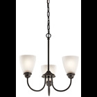 Enjoy the splendor of this Olde Bronze 3 light mini chandelier from the refreshing Jolie Collection.  The clean lines are beautifully accented by satin etched glass.  Jolie is the perfect transitional style for a variety of homes.