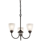 Enjoy the splendor of this Olde Bronze 3 light mini chandelier from the refreshing Jolie Collection.  The clean lines are beautifully accented by satin etched glass.  Jolie is the perfect transitional style for a variety of homes.