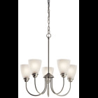 Enjoy the splendor of this Brushed Nickel 5 light chandelier from the refreshing Jolie Collection.  The clean lines are beautifully accented by satin etched glass.  Jolie is the perfect transitional style for a variety of homes.