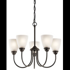 Enjoy the splendor of this Olde Bronze 5 light chandelier from the refreshing Jolie Collection.  The clean lines are beautifully accented by satin etched glass.  Jolie is the perfect transitional style for a variety of homes.