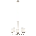 The Aubrey(TM) 23in; 5 light chandelier features a classic look with its tapered column design and Brushed Nickel finish and satin etched cased opal glass. The Aubrey Chandelier is perfect in several aesthetic environments, including traditional and modern.
