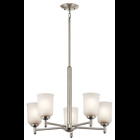 The Shailene(TM) 18.25in; 5 light chandelier features a classic look with its clean lines in Brushed Nickel finish and satin etched glass. The Shailene chandelier works in several aesthetic environments, including traditional and transitional.