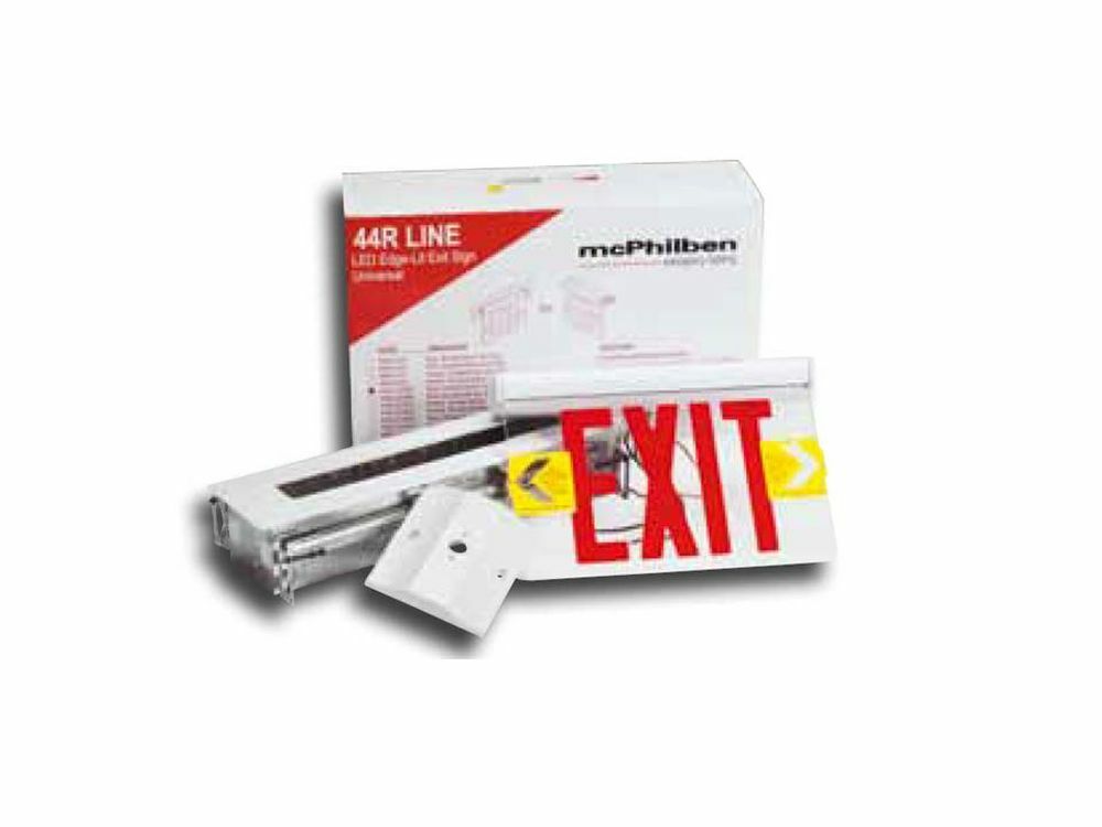 LED, AC only, surface mount, double face, sign, Panel Color: Green, Satin Aluminum housing w/black end caps. Single-face exits are provided with a clear background.
