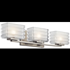 The straight, clean contemporary lines of this 3 light bath light from the Bazely(TM) collection are a perfect choice for any modern bath or vanity. The Brushed Nickel body boldly holds thick-ribbed pressed mitered glass with a delightful satin etched interior.