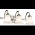 The Keiran(TM) 22in; 3 light vanity light features a classic look with its Brushed Nickel finish and bell shaped satin etched white glass. The Keiran vanity light is perfect in several aesthetic environments, including transitional and traditional.
