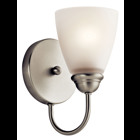 Enjoy the splendor of this Brushed Nickel 1 light wall sconce from the refreshing Jolie Collection.  The clean lines are beautifully accented by satin etched glass.  Jolie is the perfect transitional style for a variety of homes.