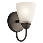 Enjoy the splendor of this Olde Bronze 1 light wall sconce from the refreshing Jolie Collection.  The clean lines are beautifully accented by satin etched glass.  Jolie is the perfect transitional style for a variety of homes.