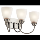 Enjoy the splendor of this Brushed Nickel 3 light bath light from the refreshing Jolie Collection.  The clean lines are beautifully accented by satin etched glass.  Jolie is the perfect transitional style for a variety of homes.